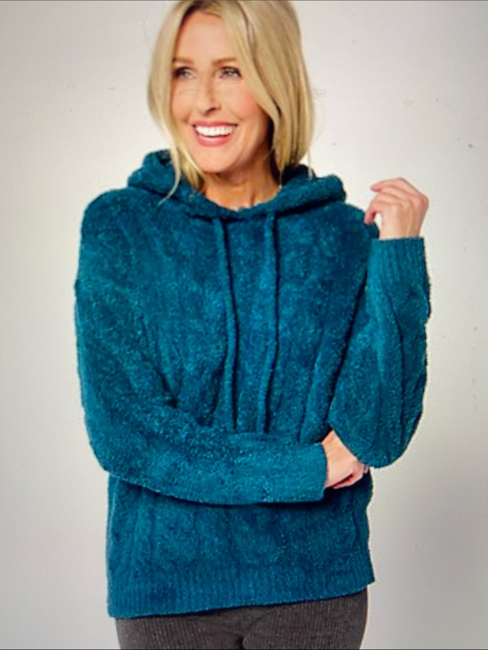 Barefoot Dreams CozyChic Cable Teddy Hooded Pullover Sweater Deep Teal Size 1X